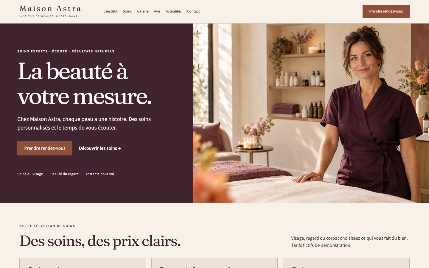 Capture du site Maison Astra, institut de beauté fictif construit avec le template dédié.